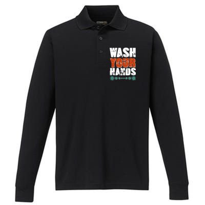 Distressed Wash Your Hands Funny Performance Long Sleeve Polo