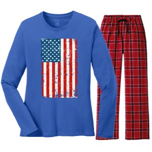 Distressed Worn USA American Flag Women's Long Sleeve Flannel Pajama Set 