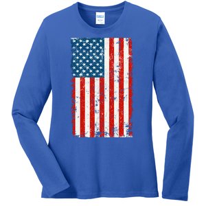 Distressed Worn USA American Flag Ladies Long Sleeve Shirt