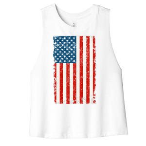 Distressed Worn USA American Flag Women's Racerback Cropped Tank