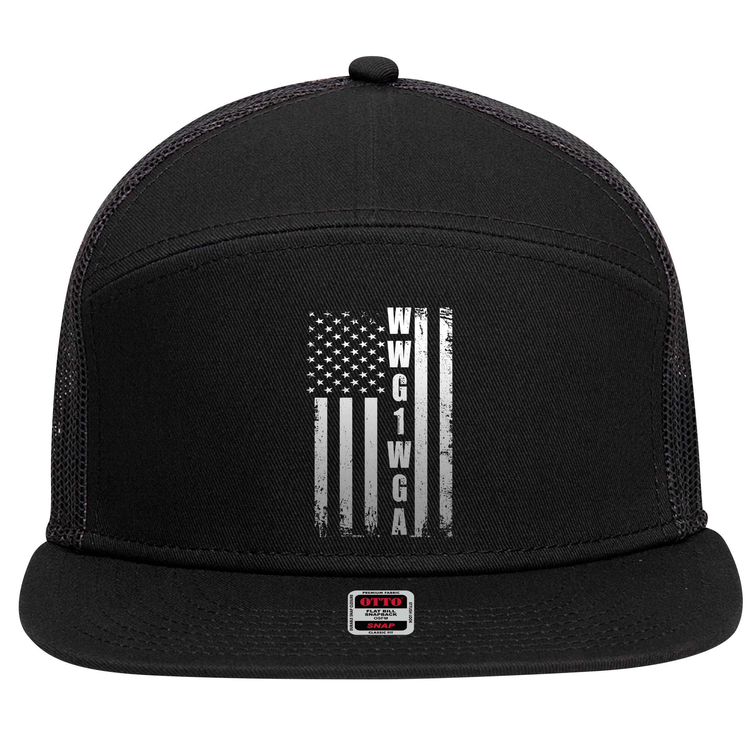 Distressed WWG1WGA US American Flag 7 Panel Mesh Trucker Snapback Hat