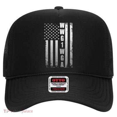 Distressed WWG1WGA US American Flag High Crown Mesh Back Trucker Hat