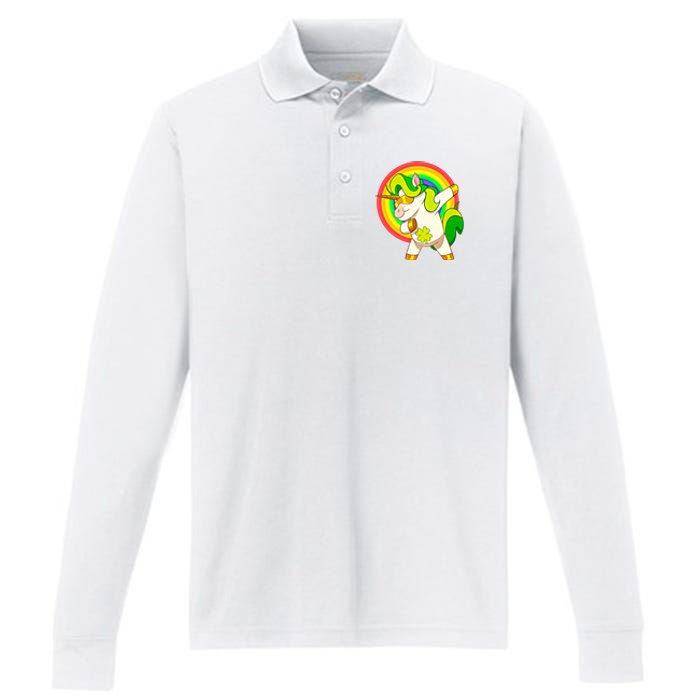 Dabbing Irish Unicorn Cool Gift St Patricks Day Lepricorn Funny Gift Performance Long Sleeve Polo