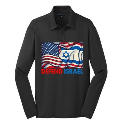 Defend Israel Vintage American Israeli Flag Silk Touch Performance Long Sleeve Polo