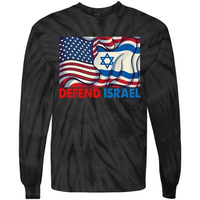 Defend Israel Vintage American Israeli Flag Tie-Dye Long Sleeve Shirt