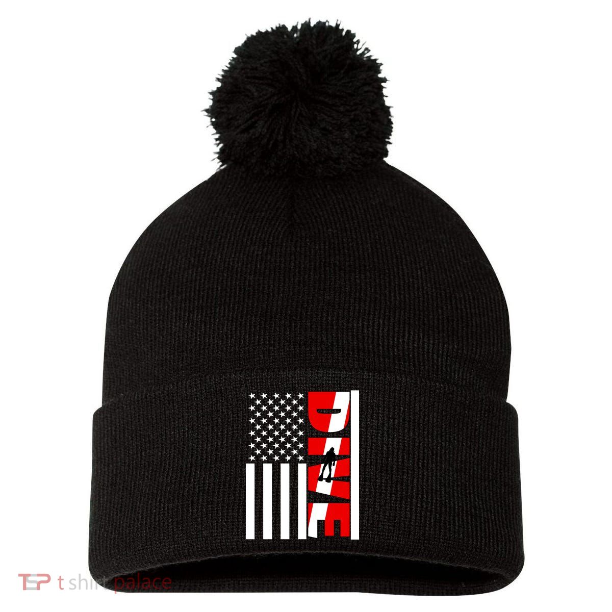 Diver American Flag Pom Pom 12in Knit Beanie