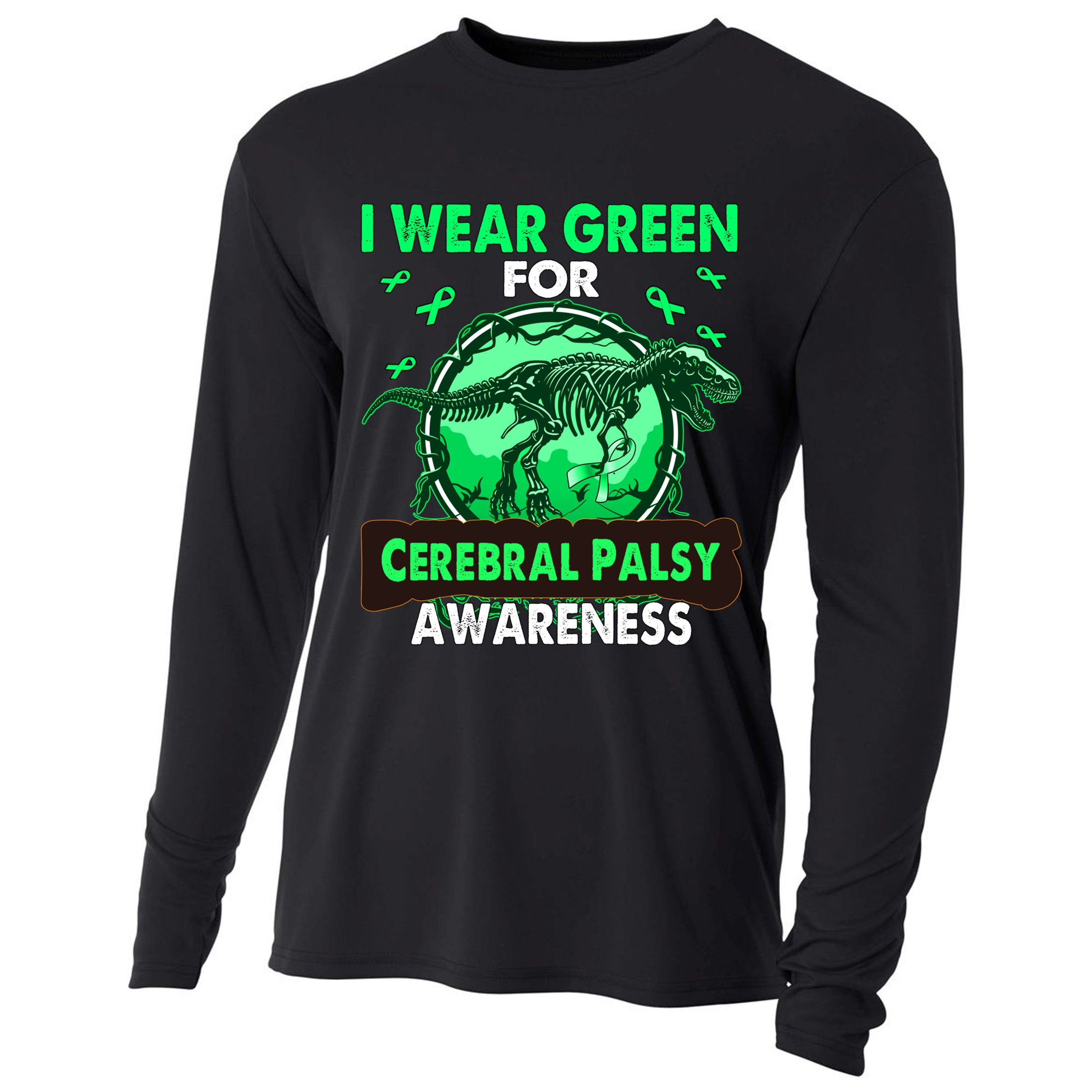 Dinosaur I Wear Green For Cerebral Palsy Awareness Gift Cooling Performance Long Sleeve Crew