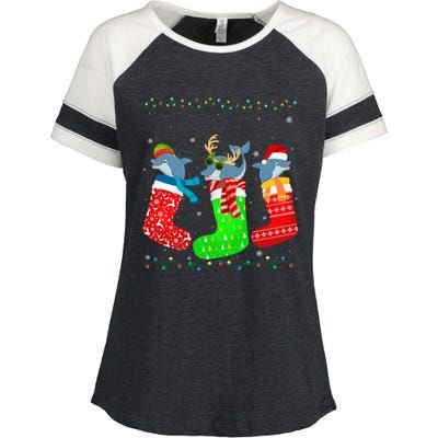 Dolphin In Xmas Socks Funny Holiday Ugly Sweater Christmas Meaningful Gift Enza Ladies Jersey Colorblock Tee