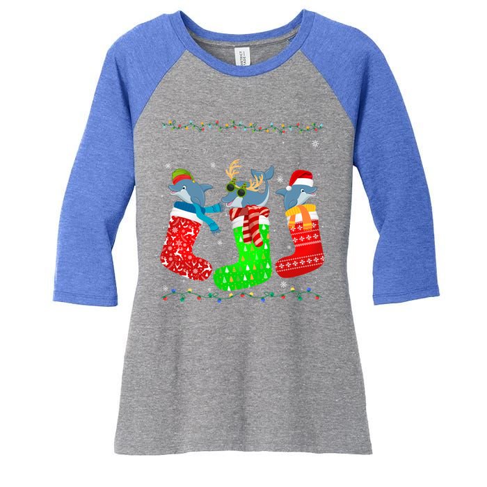 Dolphin In Xmas Socks Funny Holiday Ugly Sweater Christmas Meaningful Gift Women's Tri-Blend 3/4-Sleeve Raglan Shirt