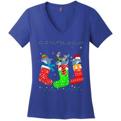 Dolphin In Xmas Socks Funny Holiday Ugly Sweater Christmas Meaningful Gift Women's V-Neck T-Shirt