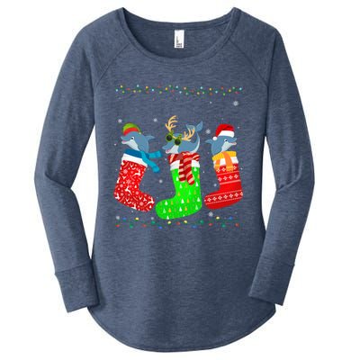 Dolphin In Xmas Socks Funny Holiday Ugly Sweater Christmas Meaningful Gift Women's Perfect Tri Tunic Long Sleeve Shirt