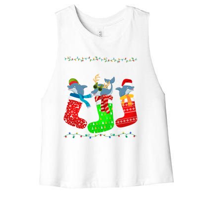 Dolphin In Xmas Socks Funny Holiday Ugly Sweater Christmas Meaningful Gift Women's Racerback Cropped Tank