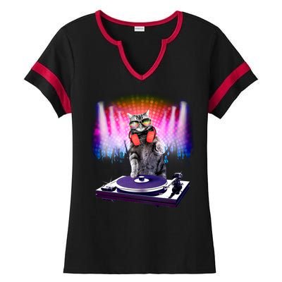 DJ Cat Turntable Mixer Ladies Halftime Notch Neck Tee