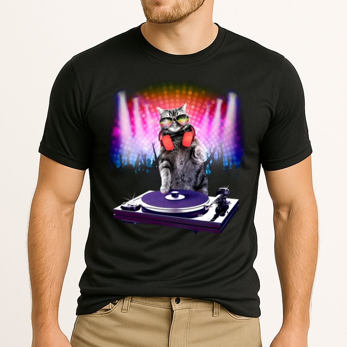 DJ Cat Turntable Mixer Cooling Performance Crew T-Shirt