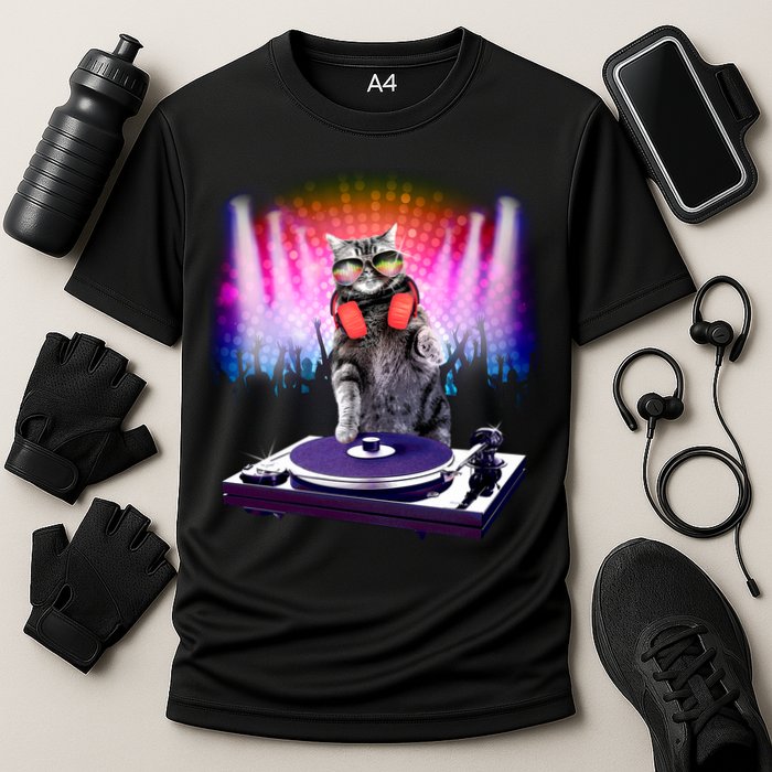 DJ Cat Turntable Mixer Cooling Performance Crew T-Shirt