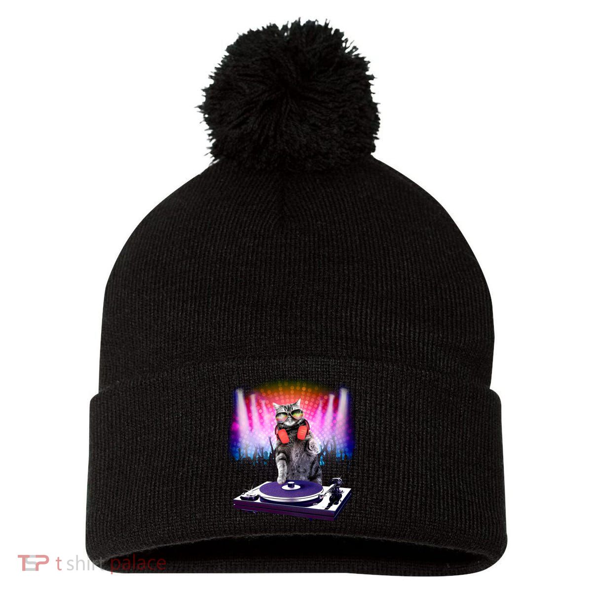 DJ Cat Turntable Mixer Pom Pom 12in Knit Beanie