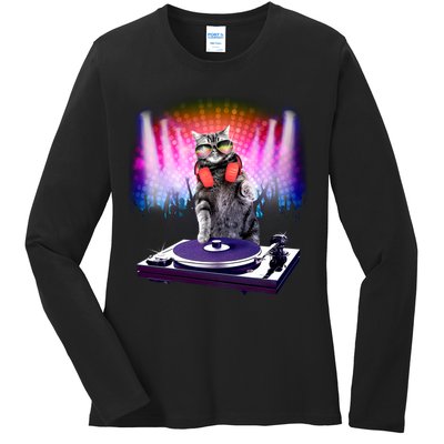 DJ Cat Turntable Mixer Ladies Long Sleeve Shirt