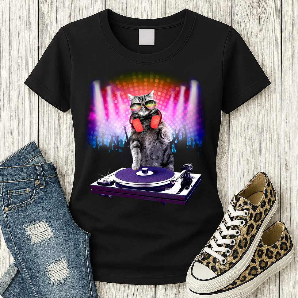DJ Cat Turntable Mixer Womens T-Shirt