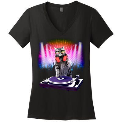 DJ Cat Turntable Mixer Women's V-Neck T-Shirt