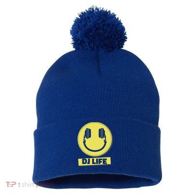 Dj Life Smiley Face Pom Pom 12in Knit Beanie