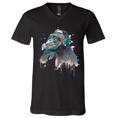 DJ Monkey Thinker Hipster V-Neck T-Shirt