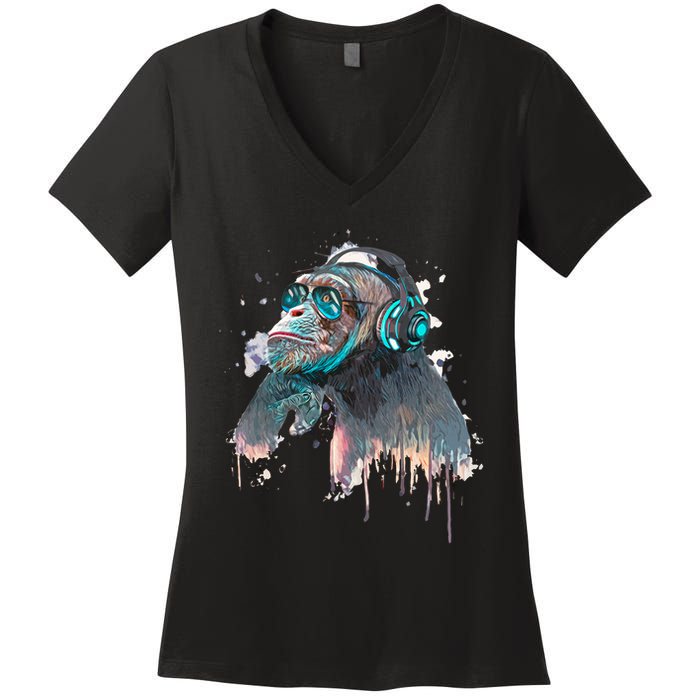 DJ Monkey Thinker Hipster Women's V-Neck T-Shirt
