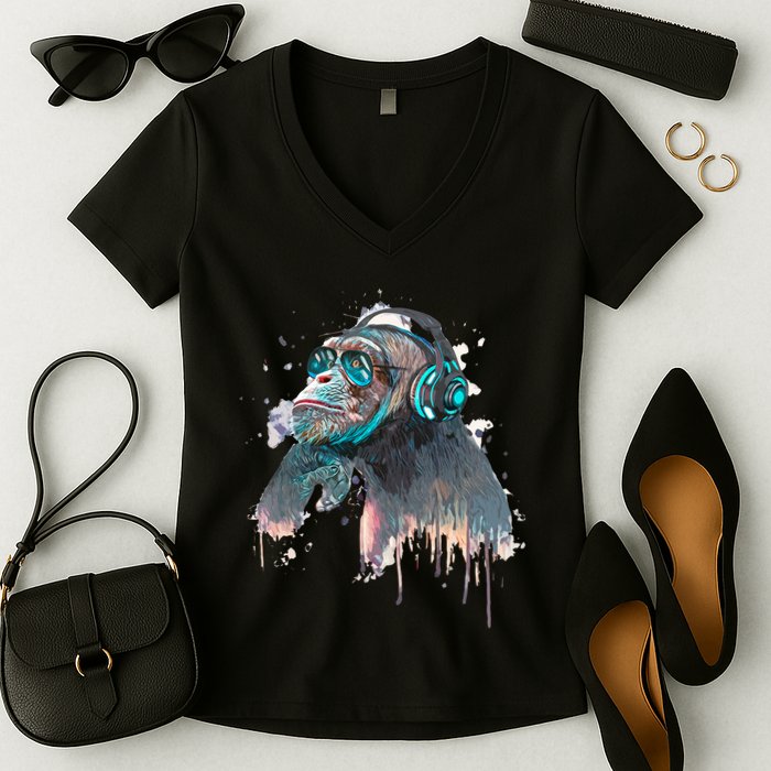 DJ Monkey Thinker Hipster Women's V-Neck T-Shirt