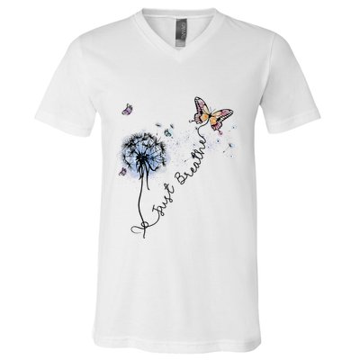 Dandelion Just Breathe Buttefly Inspiration Quotes V-Neck T-Shirt