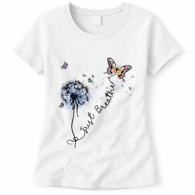 Dandelion Just Breathe Buttefly Inspiration Quotes Womens T-Shirt