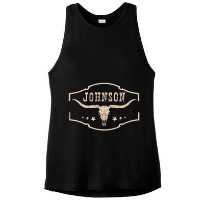 Distressed Johnson Cowhide Name Proud Bullskull Cow Ladies PosiCharge Tri-Blend Wicking Tank