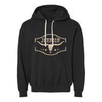 Distressed Johnson Cowhide Name Proud Bullskull Cow Garment-Dyed Fleece Hoodie