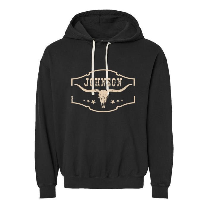 Distressed Johnson Cowhide Name Proud Bullskull Cow Garment-Dyed Fleece Hoodie