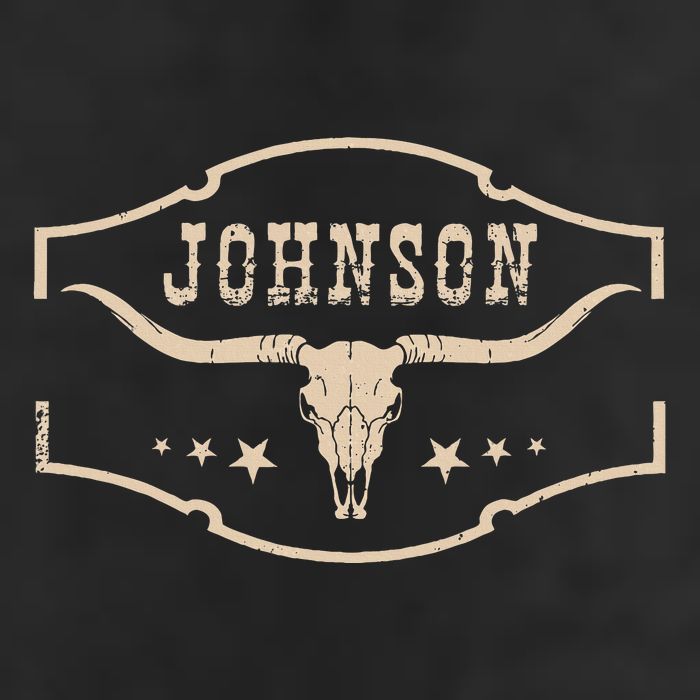 Distressed Johnson Cowhide Name Proud Bullskull Cow 7 Panel Mesh Trucker Snapback Hat