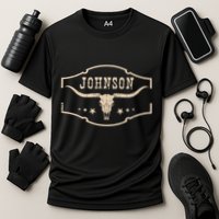 Distressed Johnson Cowhide Name Proud Bullskull Cow Performance Shirt