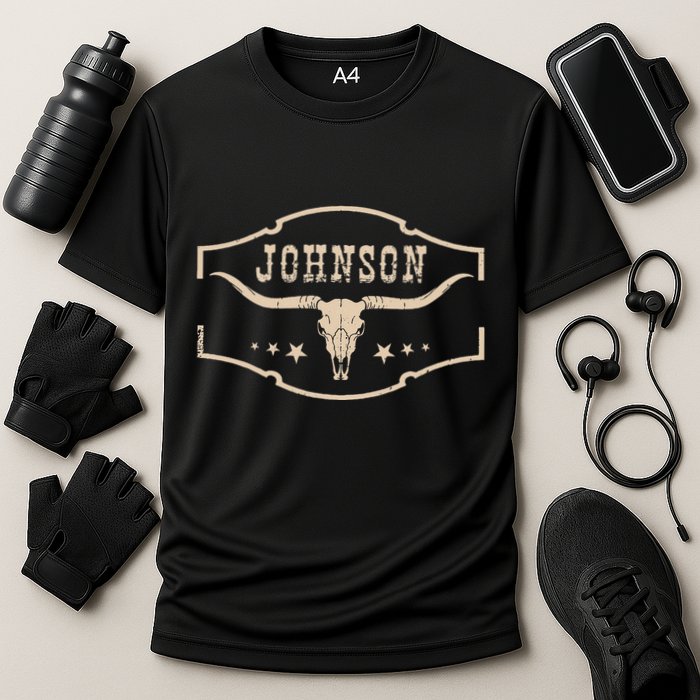 Distressed Johnson Cowhide Name Proud Bullskull Cow Performance Shirt