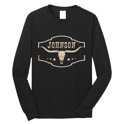 Distressed Johnson Cowhide Name Proud Bullskull Cow Long Sleeve Shirt