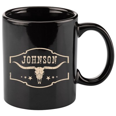 Distressed Johnson Cowhide Name Proud Bullskull Cow 11oz C Handle Ceramic Mug