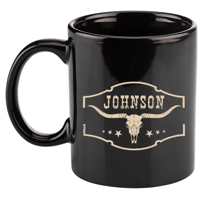 Distressed Johnson Cowhide Name Proud Bullskull Cow 11oz C Handle Ceramic Mug