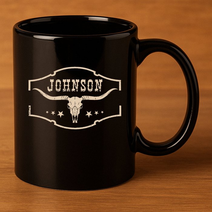 Distressed Johnson Cowhide Name Proud Bullskull Cow 11oz C Handle Ceramic Mug