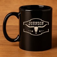 Distressed Johnson Cowhide Name Proud Bullskull Cow 11oz C Handle Ceramic Mug