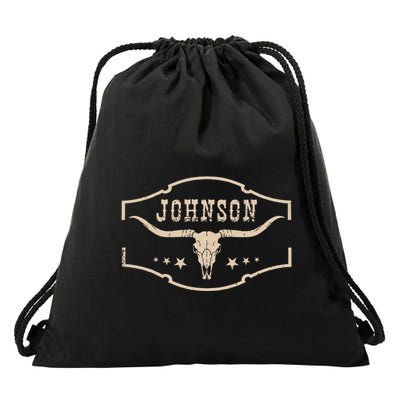 Distressed Johnson Cowhide Name Proud Bullskull Cow Drawstring Bag