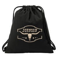 Distressed Johnson Cowhide Name Proud Bullskull Cow Drawstring Bag