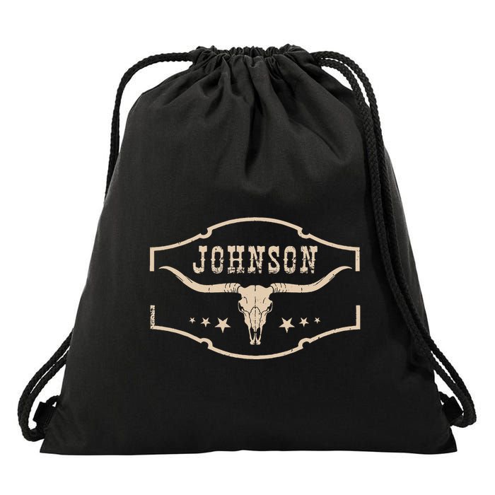 Distressed Johnson Cowhide Name Proud Bullskull Cow Drawstring Bag