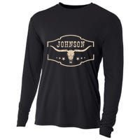 Distressed Johnson Cowhide Name Proud Bullskull Cow Cooling Performance Long Sleeve Crew