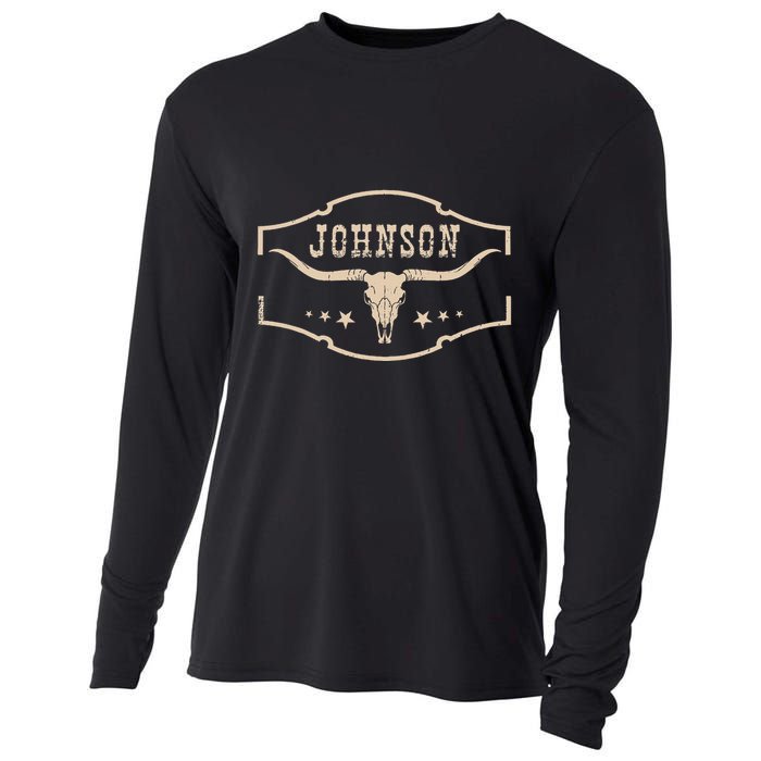 Distressed Johnson Cowhide Name Proud Bullskull Cow Cooling Performance Long Sleeve Crew