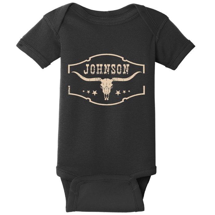 Distressed Johnson Cowhide Name Proud Bullskull Cow Baby Bodysuit
