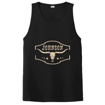 Distressed Johnson Cowhide Name Proud Bullskull Cow PosiCharge Competitor Tank