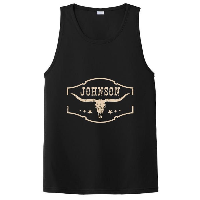 Distressed Johnson Cowhide Name Proud Bullskull Cow PosiCharge Competitor Tank