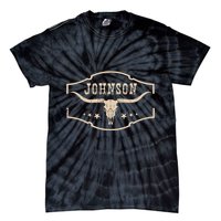 Distressed Johnson Cowhide Name Proud Bullskull Cow Tie-Dye T-Shirt