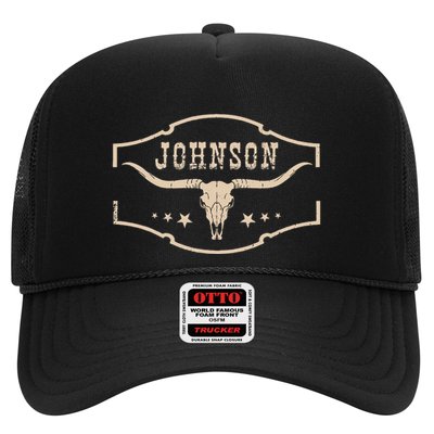 Distressed Johnson Cowhide Name Proud Bullskull Cow Trucker Hat